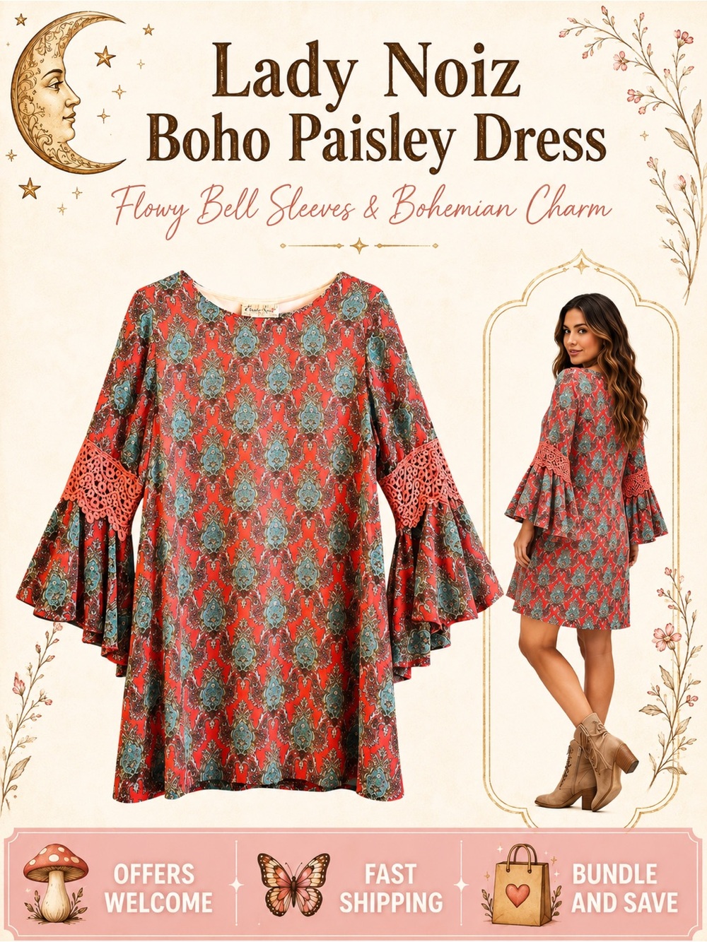 Lady Noiz Boho Paisley Bell Sleeve Dress Crochet Lace Shift Dress Size Small